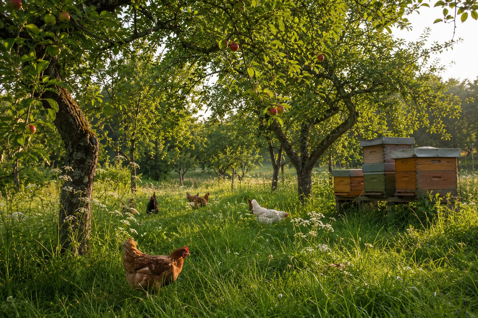 Eine Streuobstwiese mit alten Apfelbäumen, Bienenstöcken und frei laufenden Hühnern im hohen Gras, Sommermorgen