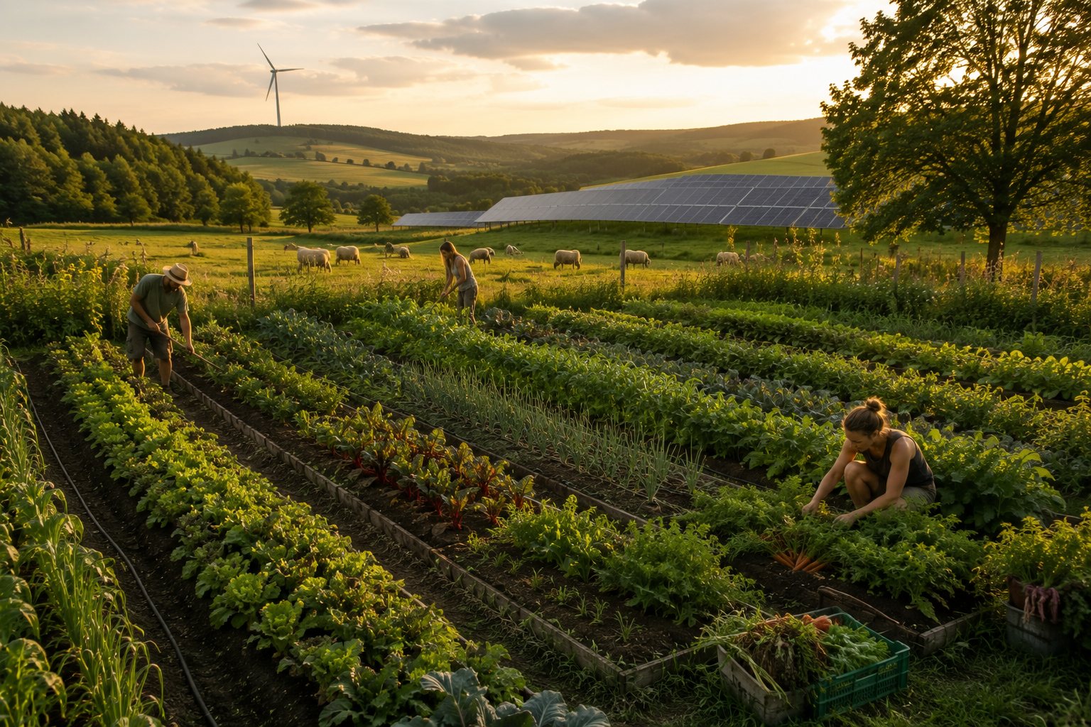Marktgarten mit Solarmodulen und einem Windrad hinter den Beeten